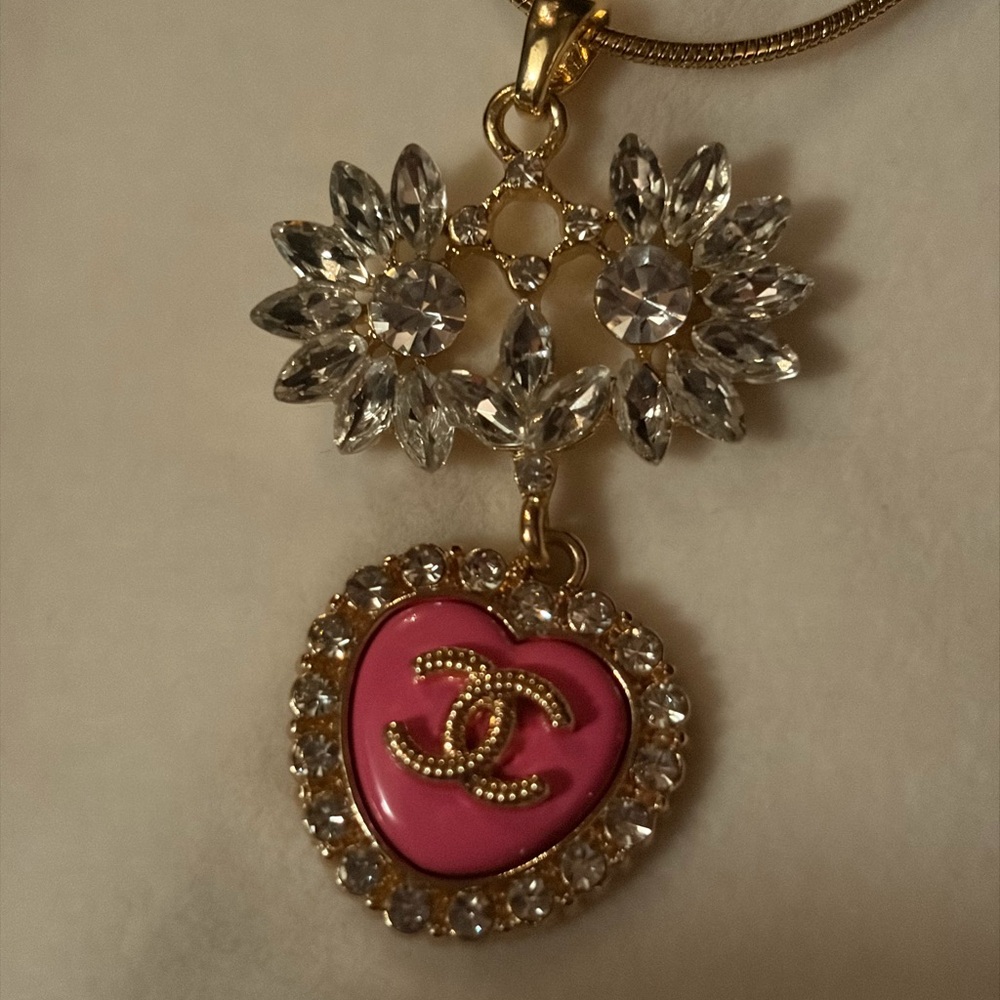 Upcycled Vintage Jewelry with Pink CC Heart Pendant Necklace - Picture 5 of 7